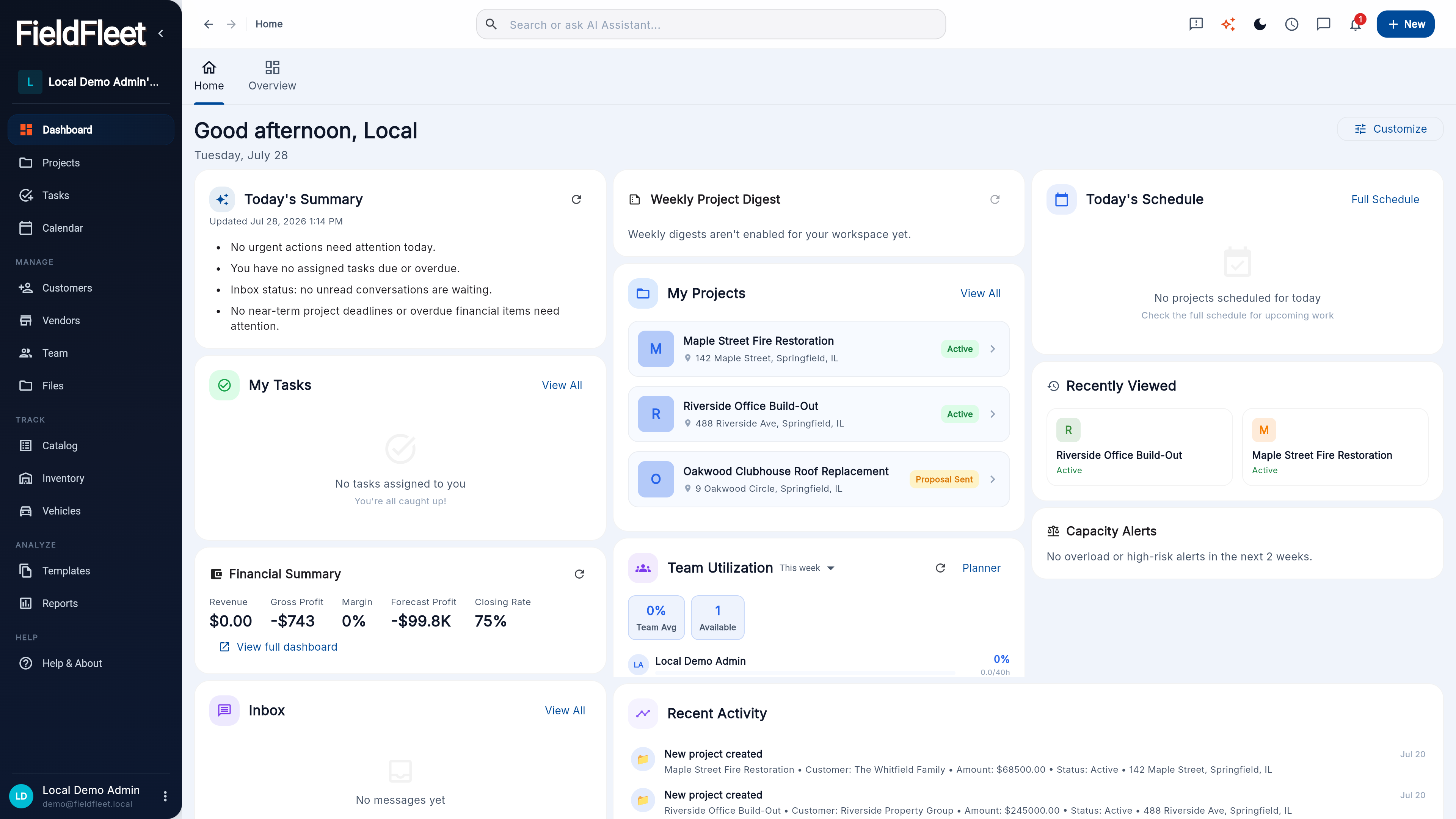 FieldFleet dashboard showing sidebar navigation, an AI daily summary, my projects, today's schedule, financial summary, and team utilization.