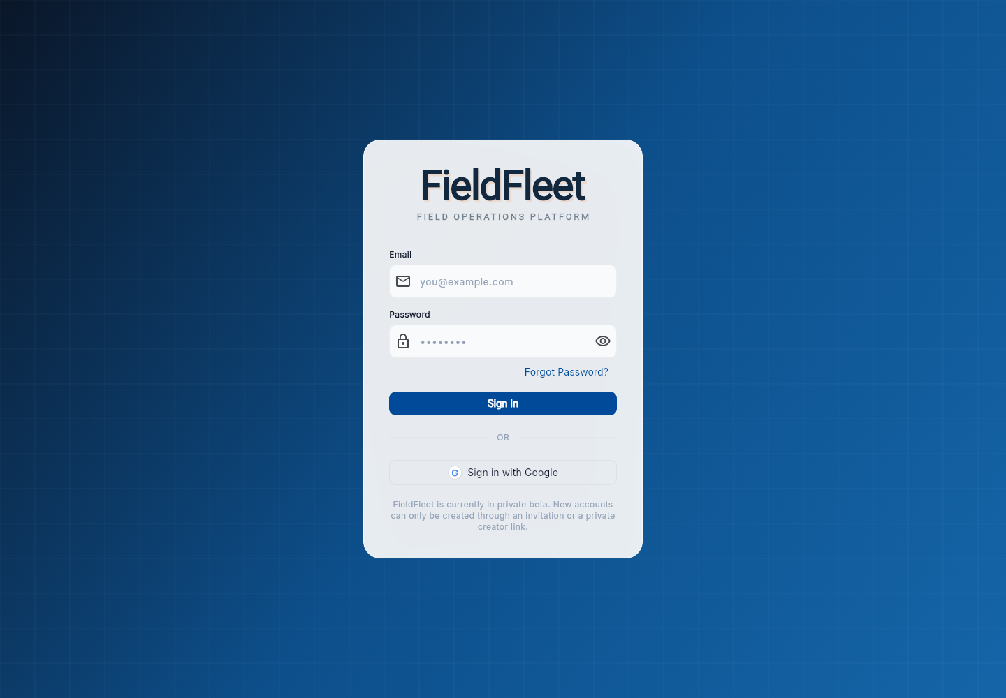 FieldFleet sign-in screen for a locally hosted instance.